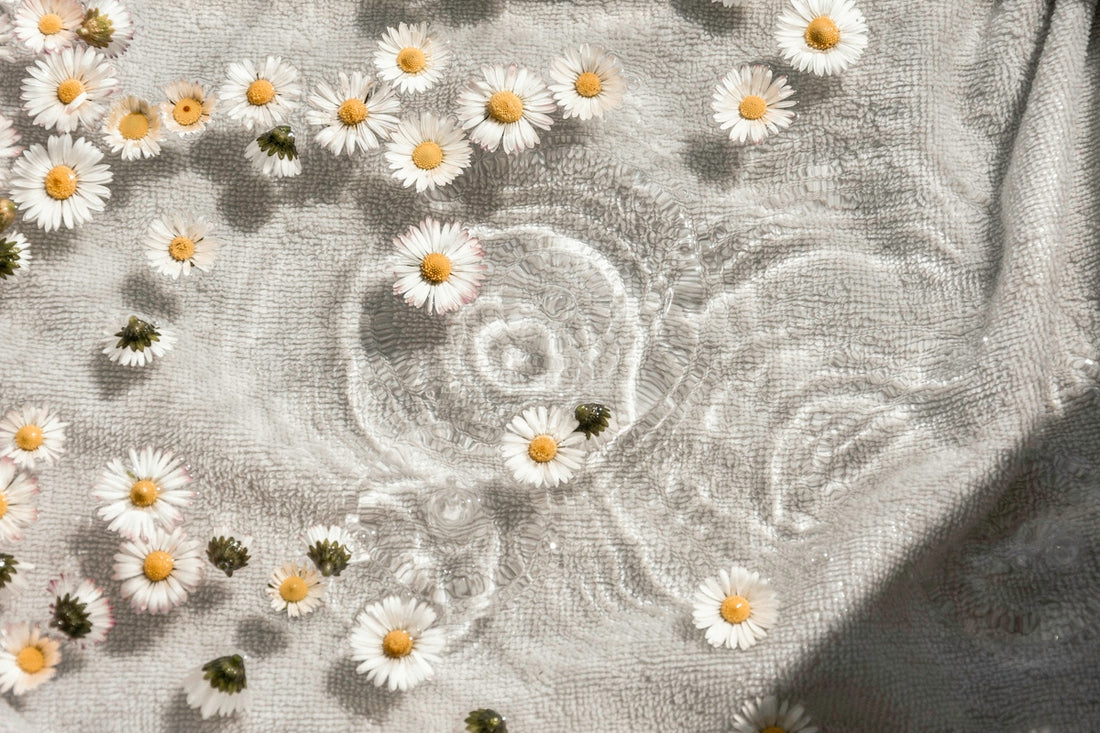 White daisy flowers floating on water ripples over a textured grey towel
